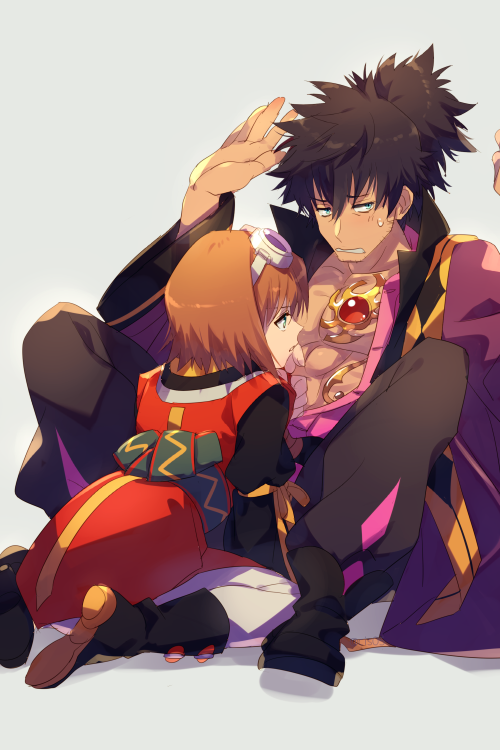 1boy, 1girl, black_hair, brown_hair, echo_(circa), full_body, goggles, goggles_on_head