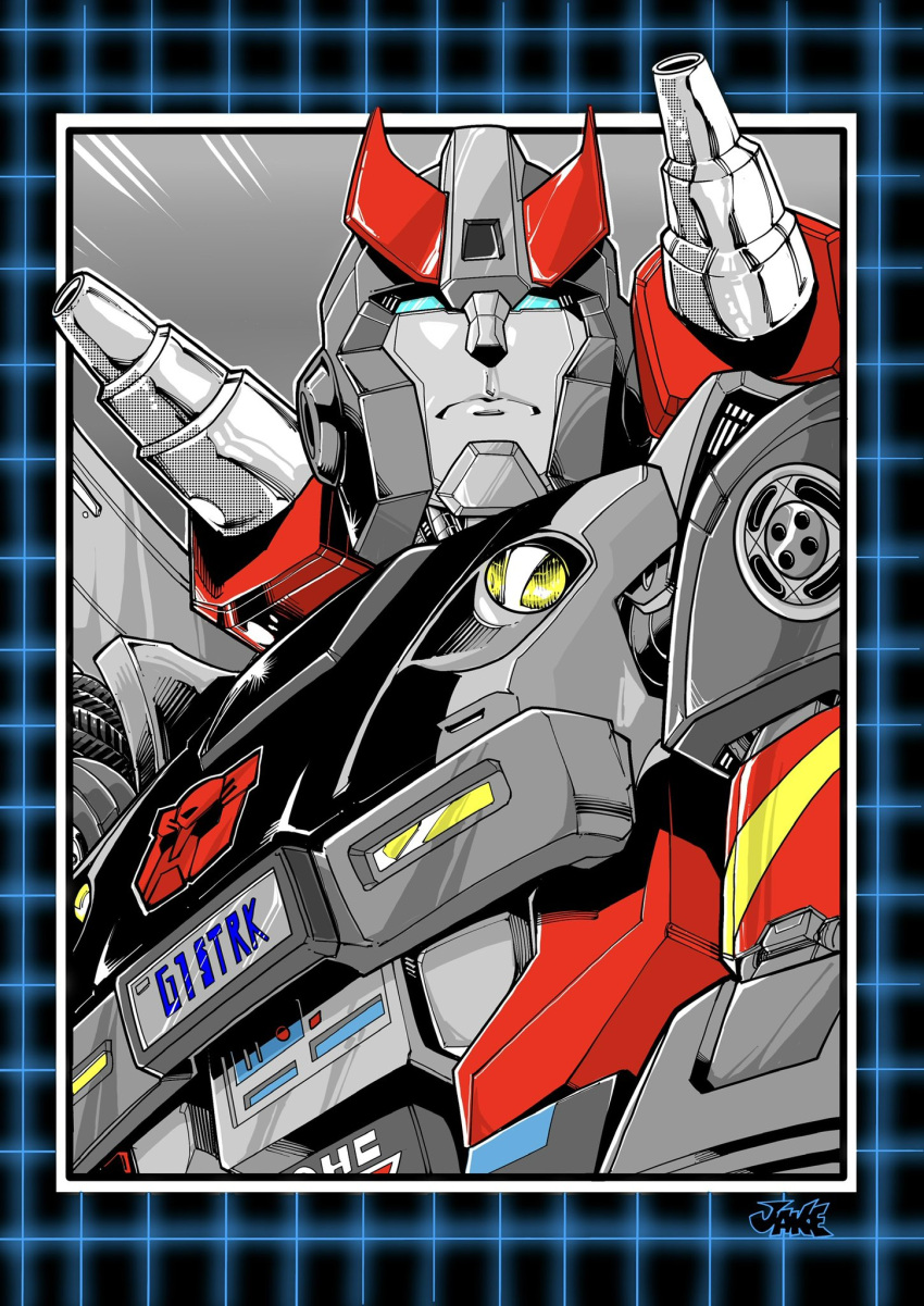 autobot, blue_eyes, bluestreak_(transformers), checkered_border, english_commentary, frown, highres, inker-guy