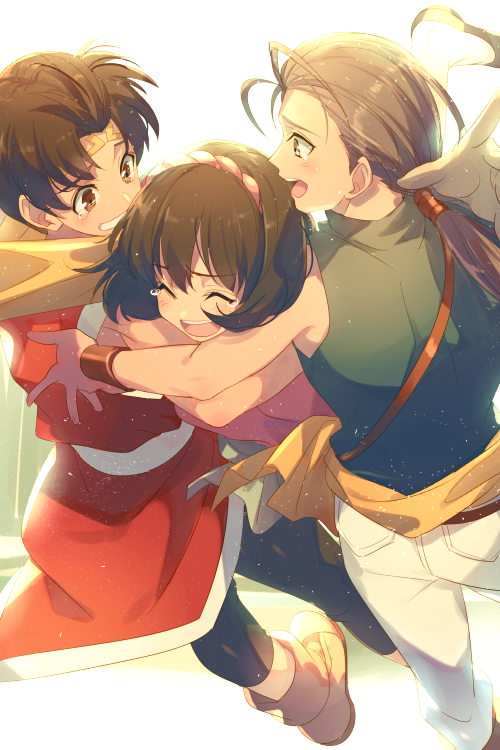 1girl, 2boys, brown_hair, circlet, closed_eyes, echo_(circa), gensou_suikoden, gensou_suikoden_ii