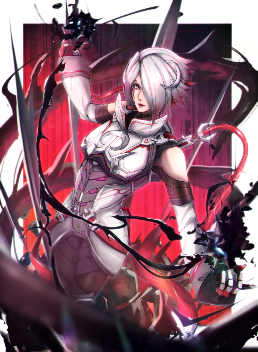 1girl, animification, apex_legends, bangs, black_pantyhose, blood_moon_catalyst, breasts, cable, catalyst_(apex_legends), clothing_cutout, colored_inner_hair, colored_tips, gloves, grey_hair, hair_over_one_eye, highres, hirome99, jacket, leaning_back, liquid, looking_at_viewer, medium_breasts, multicolored_hair, official_alternate_costume, one_eye_covered, pantyhose, partially_fingerless_gloves, purple_hair, red_gloves, red_lips, redhead, short_hair, shoulder_cutout, smile, solo, violet_eyes, white_jacket