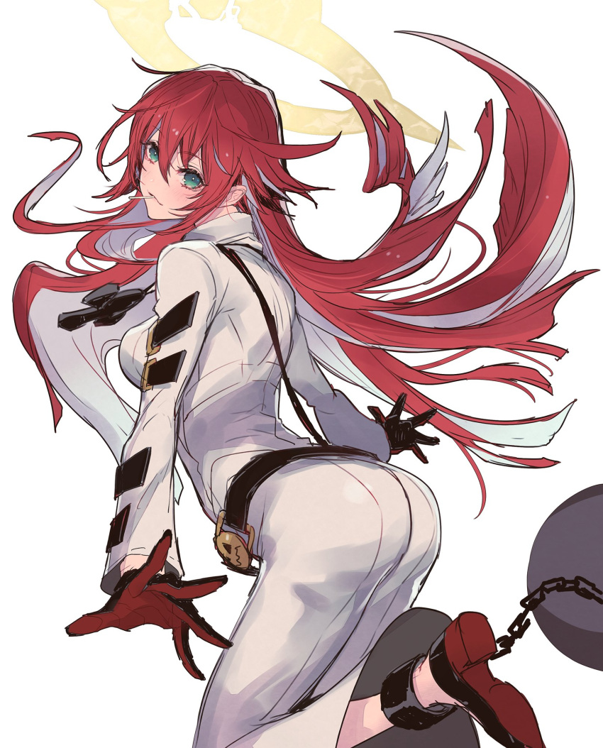 1girl, ankh, ankh_necklace, ankle_cuffs, arm_belt, ass, ball_and_chain_restraint, bell-bottoms