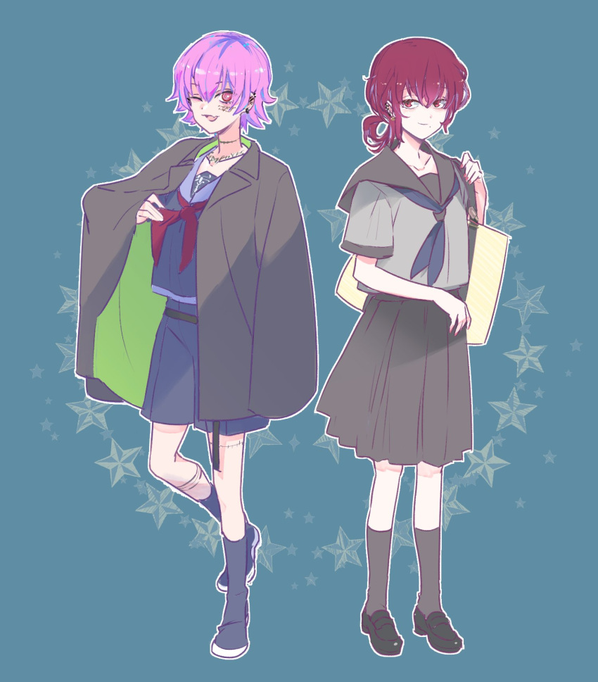 1boy, 1girl, 90_sik, acid_furari, bangs, black_footwear, blue_neckerchief, blue_shirt