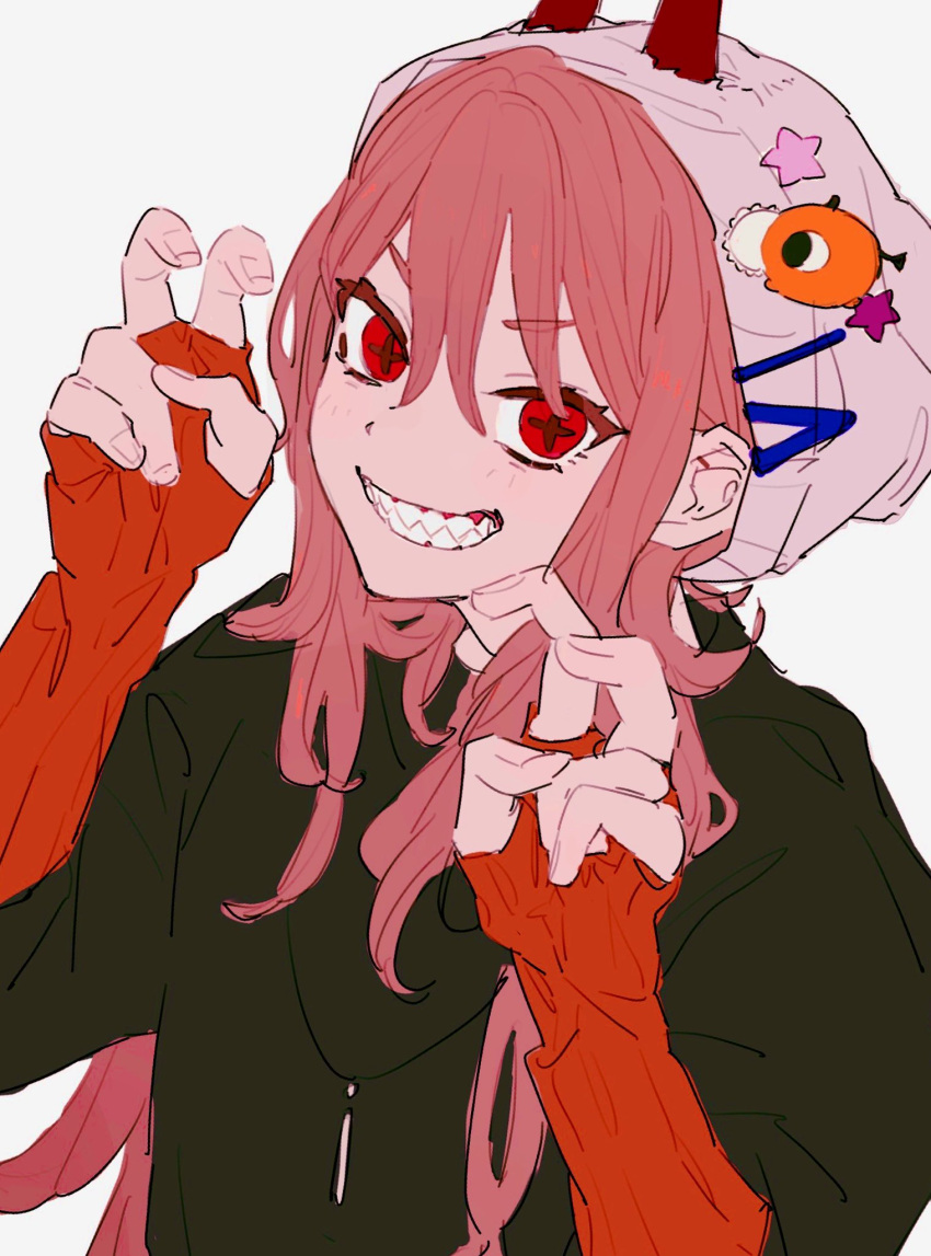 1girl, bangs, beanie, black_jacket, chainsaw_man, cross-shaped_pupils, fingerless_gloves, gao, gloves, hat, highres, horns, horns_through_headwear, jacket, long_hair, looking_at_viewer, pecopecosupipi, pink_hair, pochita_(chainsaw_man), power_(chainsaw_man), red_eyes, red_horns, sharp_teeth, simple_background, smile, solo_focus, symbol-shaped_pupils, teeth, white_background
