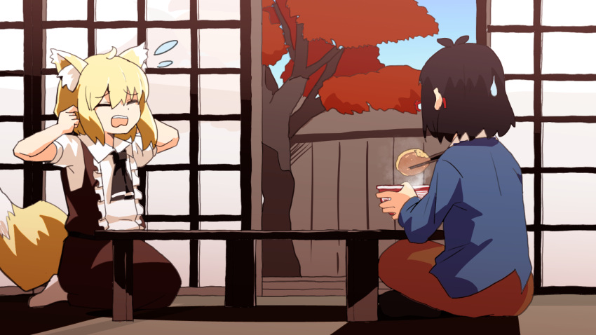 2girls, animal_ears, bangs, belt, black_belt, black_hair, black_necktie, blonde_hair, blue_shirt, brown_skirt, brown_vest, center_frills, chopsticks, closed_eyes, collared_shirt, commentary_request, cookie_(touhou), eating, flat_chest, flying_sweatdrops, fox_ears, fox_girl, fox_tail, frills, full_body, glasses, highres, holding, holding_chopsticks, leftame, medium_hair, miramikaru_riran, multiple_girls, necktie, nissin, open_mouth, orange_skirt, red-framed_eyewear, riina_(cookie), seiza, shirt, short_sleeves, shouji, sitting, skirt, sliding_doors, sweatdrop, table, tail, tree, vest, white_shirt