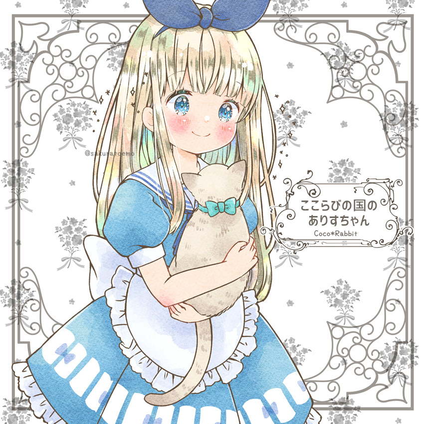 1girl, animal, apron, bangs, blue_bow, blue_dress, blue_eyes, blue_ribbon