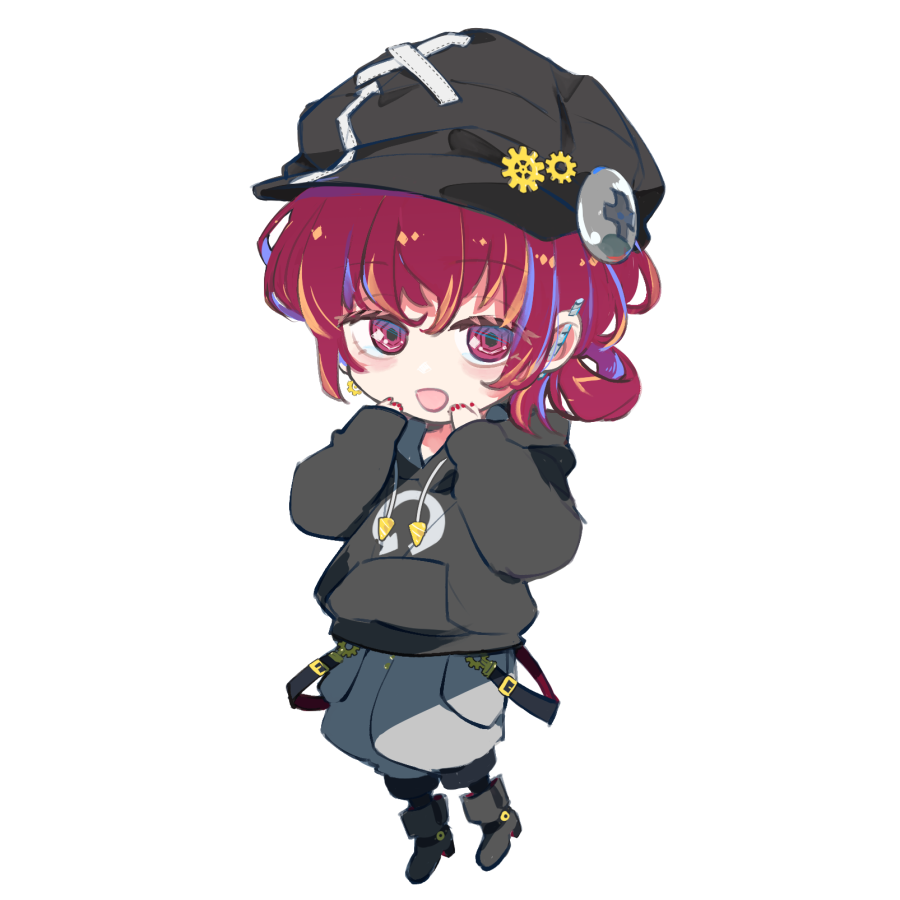 1girl, 90_sik, bangs, black_footwear, black_headwear, black_hoodie, blush, boots