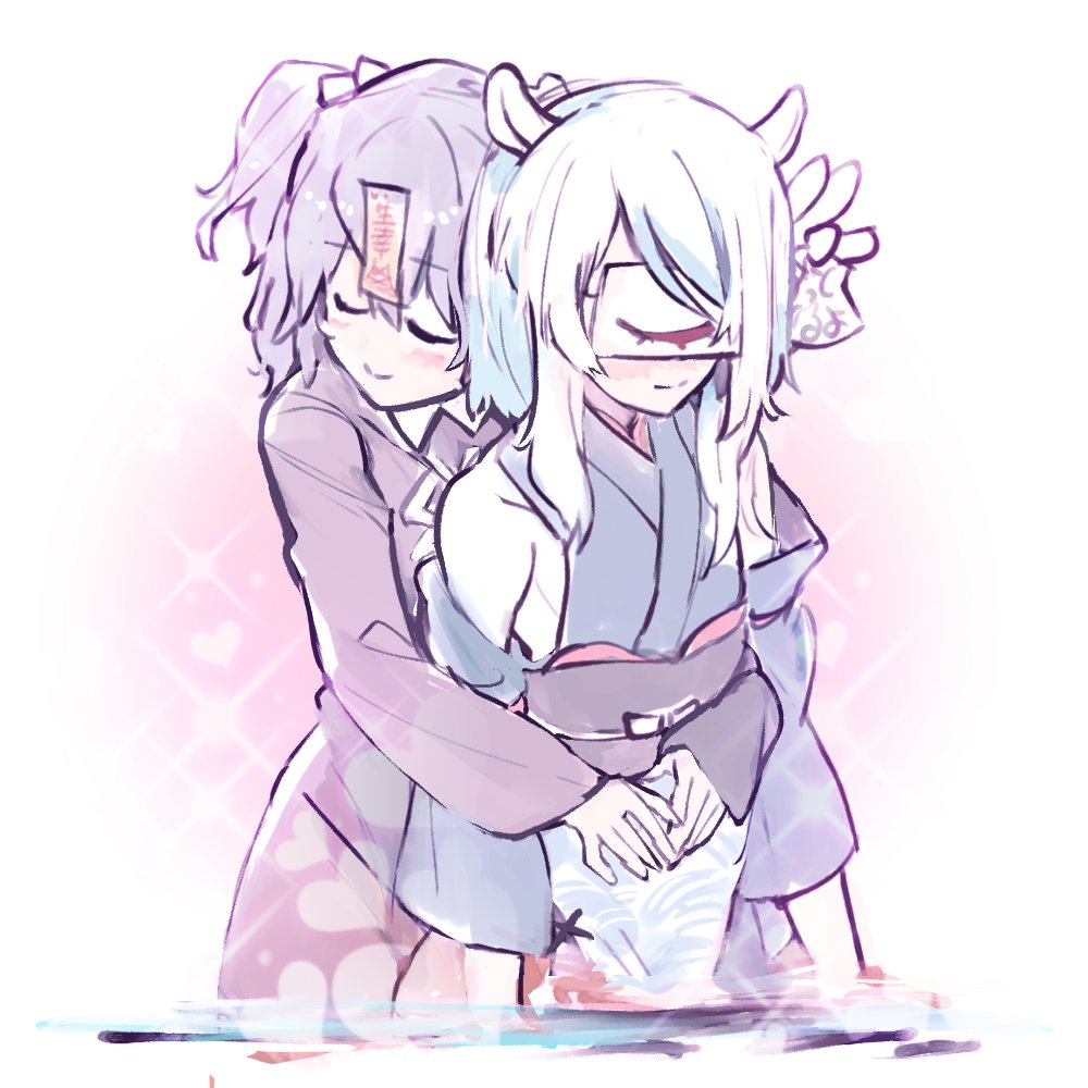 2boys, 90_sik, bangs, black_sash, blue_eyes, blue_sleeves, blush, character_request