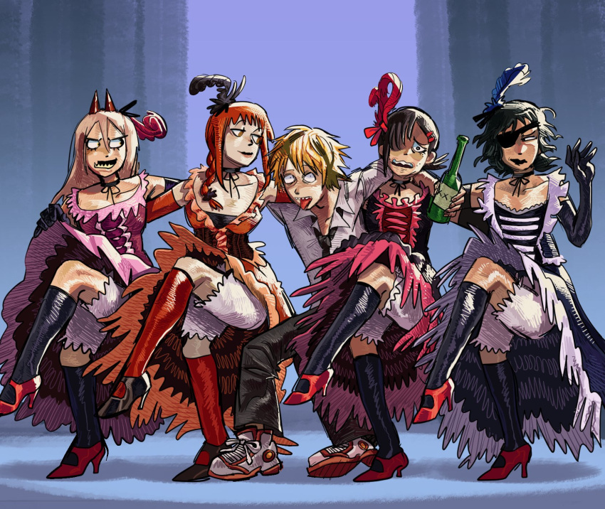 1boy, 4girls, black_choker, black_gloves, black_hair, black_necktie, black_pants, blonde_hair, bottle, can-can, chainsaw_man, choker, chorus_line, closed_mouth, clothes_lift, collaboration, collared_shirt, dancing, denji_(chainsaw_man), dress, dress_lift, elbow_gloves, english_commentary, ennuikalart, eyepatch, feather_hair_ornament, feathers, gloves, hair_ornament, hair_over_one_eye, hairclip, higashiyama_kobeni, high_heels, highres, himeno_(chainsaw_man), holding, holding_bottle, horns, light_brown_hair, louppaus, makima_(chainsaw_man), mole, mole_under_eye, multiple_girls, necktie, open_mouth, orange_eyes, orange_gloves, orange_hair, pants, power_(chainsaw_man), red_horns, sharp_teeth, shirt, shoes, simple_background, smile, sneakers, teeth, tongue, tongue_out, white_shirt