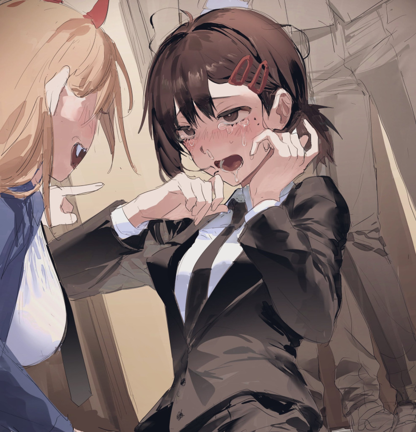 2girls, black_hair, black_necktie, blonde_hair, blue_jacket, breasts, chainsaw_man, collared_shirt