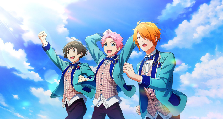 3boys, ahoge, akizuki_ryou, blue_eyes, blue_sky, bow, bowtie, brown_eyes
