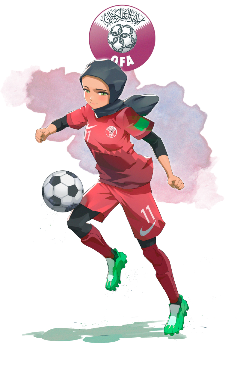 13, 1girl, 2022_fifa_world_cup, ball, green_eyes, highres, light_particles, long_hair, navel, painting_(medium), playing_sports, qatar, qatar2022, qatar_flag, soccer, soccer_ball, soccer_uniform, solo, sportswear, telstar, traditional_media, twitter, volleyball, watercolor_(medium), world_cup, wristband, yugen99