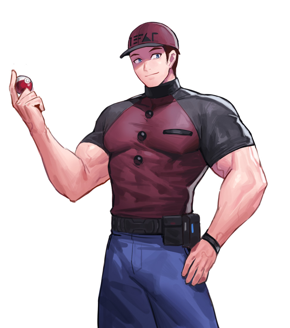 1boy, belt, belt_bag, blue_eyes, courier_trainer, denim, feet_out_of_frame, hand_on_hip