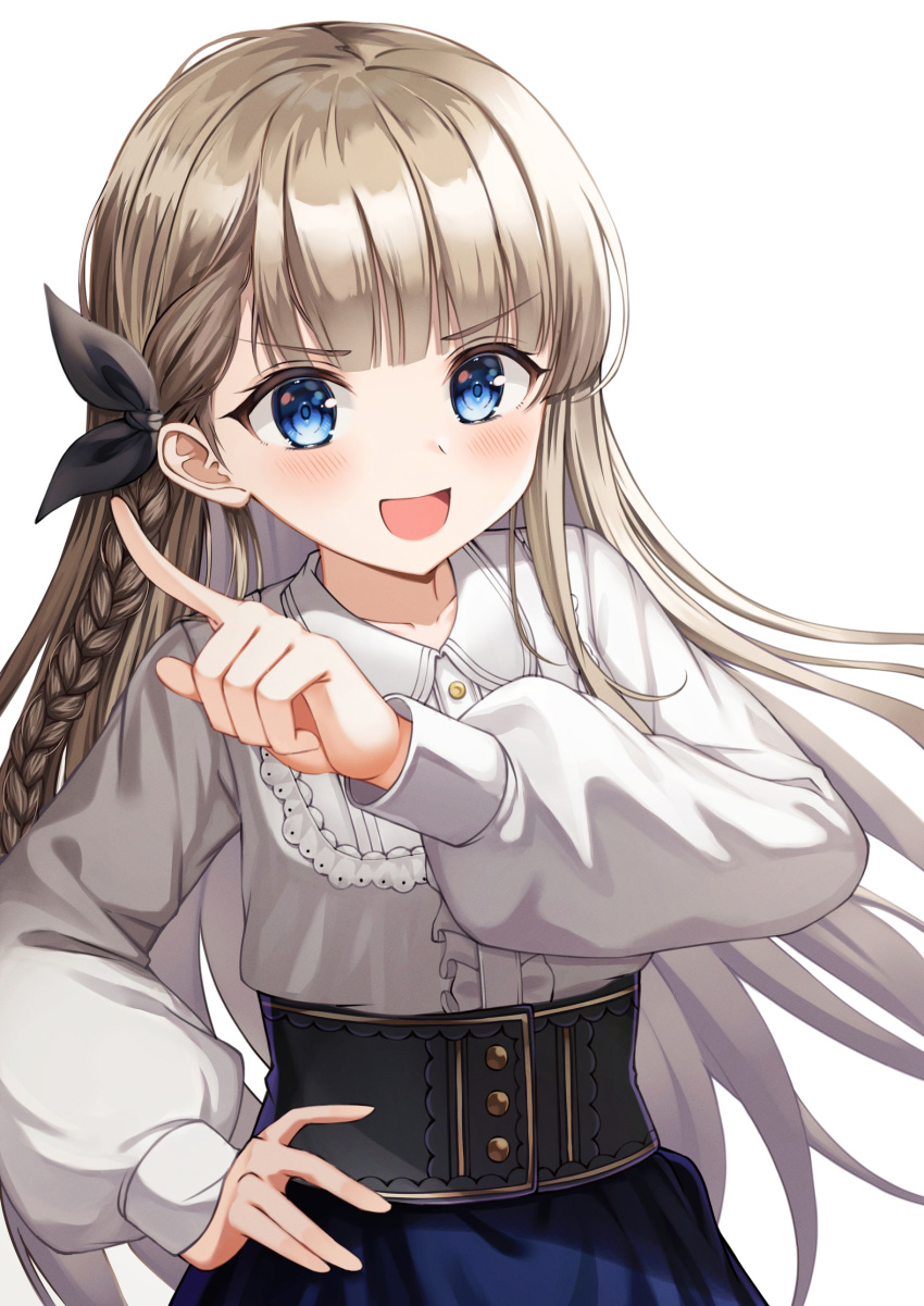 1girl, bangs, blonde_hair, blue_eyes, blue_skirt, blush, braid, brown_hair