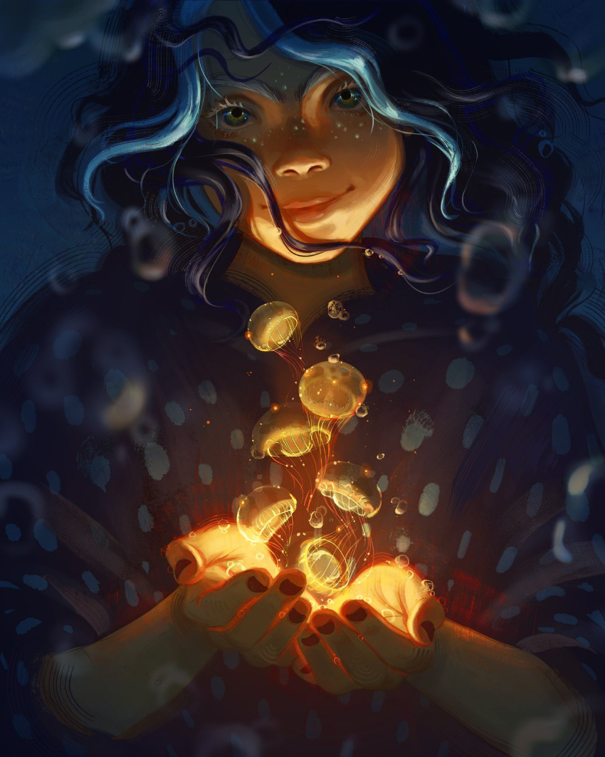 1girl, black_hair, blue_hair, bubble, colored_eyelashes, devin_elle_kurtz, glowing, highres