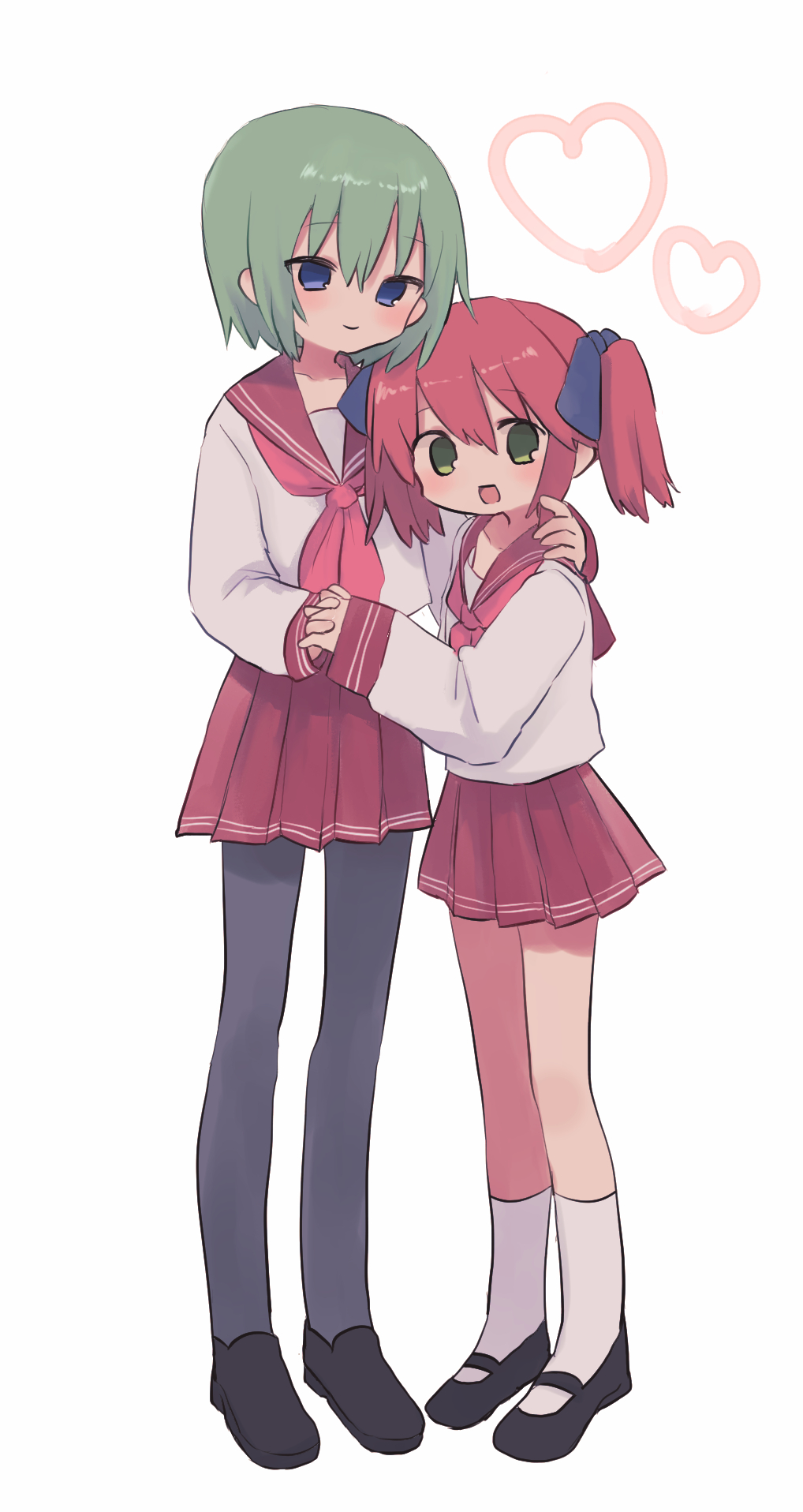 2girls, bangs, blue_eyes, blush, green_eyes, green_hair, hair_ribbon, heart