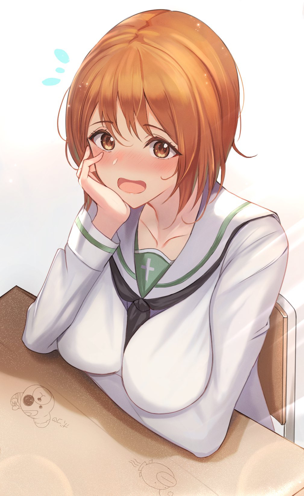 1girl, anglerfish, bangs, between_breasts, black_neckerchief, blouse, blush, boko_(girls_und_panzer)