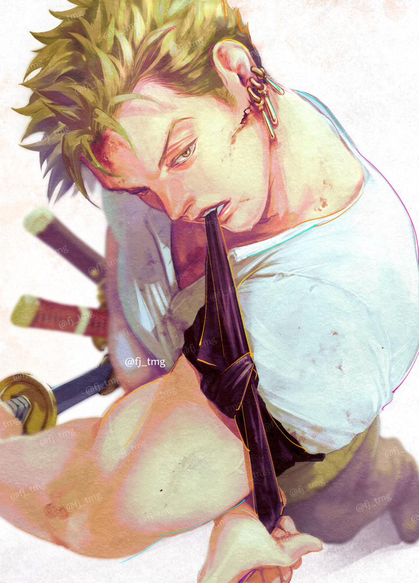 1boy, armband, biceps, black_pants, earrings, fj_tmg, green_hair, highres, jewelry, male_focus, muscular, muscular_male, one_piece, pants, roronoa_zoro, sheath, sheathed, shirt, short_hair, solo, sword, weapon, white_shirt