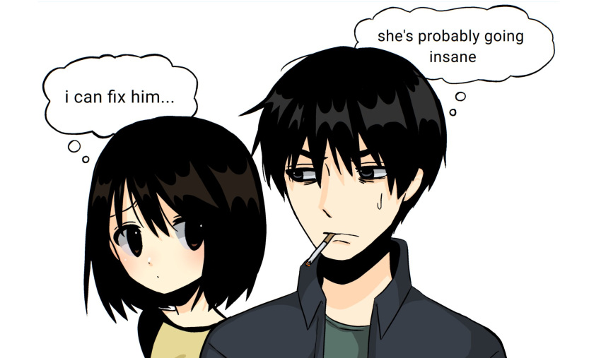 1boy, 1girl, bags_under_eyes, bangs, black_eyes, black_hair, blush, cigarette