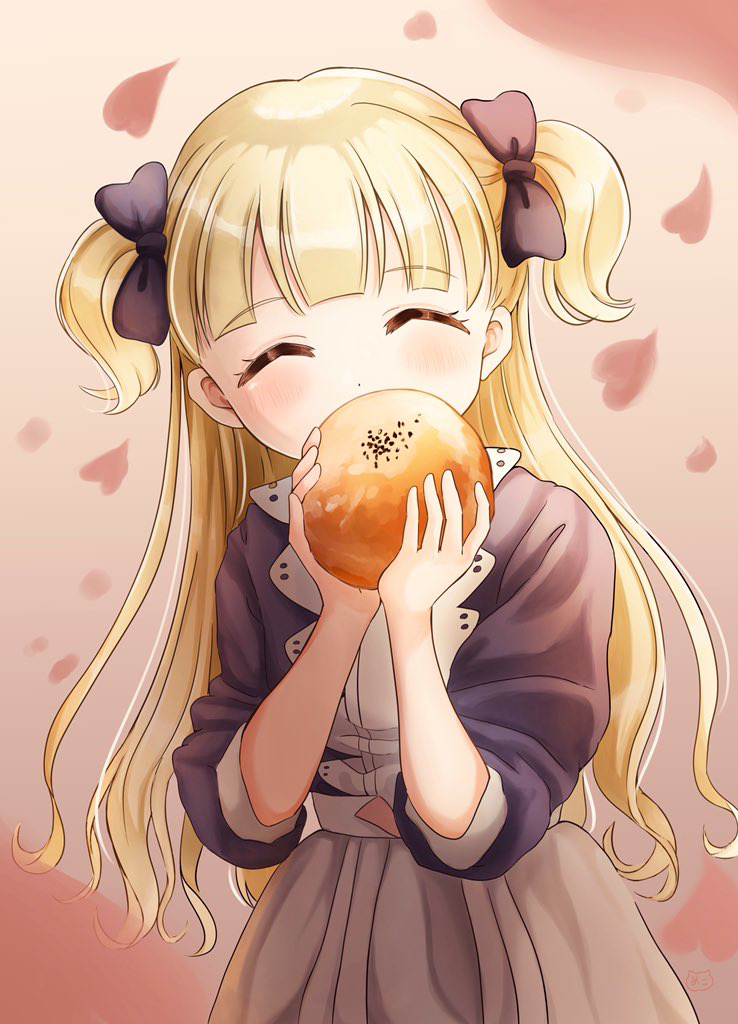 1girl, anpan, apron, bangs, blonde_hair, blunt_bangs, blush, bow, closed_eyes, dress, eating, emilico_(shadows_house), facing_viewer, food, hair_bow, holding, holding_food, long_hair, long_sleeves, meco_mofu, shadows_house, solo, twintails, two_side_up, very_long_hair