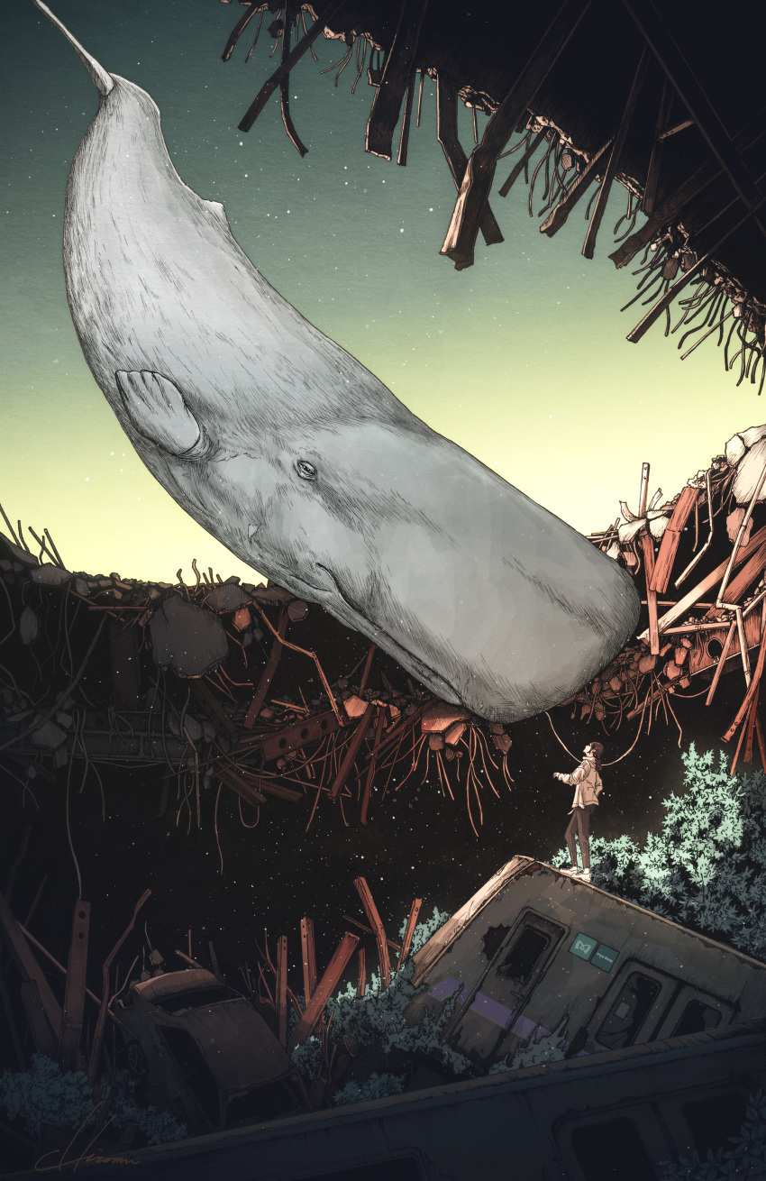 absurdres, brown_pants, car, flying_whale, ground_vehicle, highres, hiromumaru, motor_vehicle