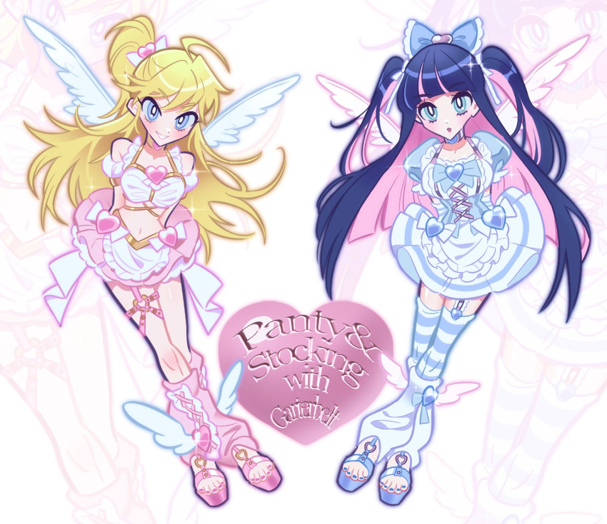 2girls, bangs, black_hair, blonde_hair, blue_bow, blue_eyes, blue_hair, blue_ribbon