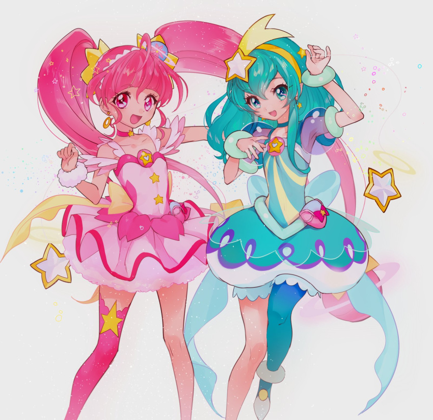 2girls, :d, ahoge, aqua_eyes, aqua_hair, bangs, blue_eyes, blue_hair, blunt_bangs, blush, collarbone, cure_milky, cure_star, dress, earrings, hagoromo_lala, hair_ornament, hairband, heart, highres, hoshina_hikaru, jewelry, long_hair, looking_at_viewer, magical_girl, multiple_girls, open_mouth, pink_eyes, pink_hair, pointy_ears, precure, short_hair, smile, star-shaped_pupils, star_(symbol), star_hair_ornament, star_twinkle_precure, symbol-shaped_pupils, twintails, yukiumisaka