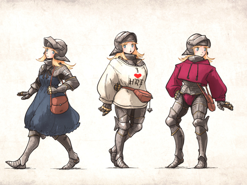 3girls, arm_behind_back, armor, armored_boots, bag, baggy_clothes, black_ribbon, blonde_hair, blue_dress, blue_eyes, boots, breastplate, brown_bag, casual, clothes_over_armor, contemporary, cropped_hoodie, drawstring, dress, fanny_pack, faulds, full_armor, gauntlets, gold_trim, gorget, greaves, handbag, helm, helmet, hood, hoodie, knight, logo, looking_to_the_side, medieval, medium_hair, multiple_girls, open_mouth, original, pauldrons, plate_armor, purple_hoodie, ribbon, sallet, shoulder_armor, shoulder_bag, simple_background, strap, vanishlily, visor_(armor), walking