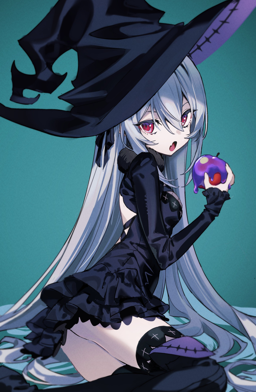 1girl, absurdres, apple, backless_dress, backless_outfit, dress, eyebrows_hidden_by_hair, fang, food, frilled_dress, frilled_sleeves, frills, fruit, fur_collar, green_background, grey_hair, hair_between_eyes, hair_flowing_over, hat, highres, holding, holding_food, holding_fruit, long_sleeves, looking_at_viewer, on_floor, open_mouth, original, red_eyes, skin_fang, solo, thigh-highs, thighs, witch_hat, yamanasi_mikage