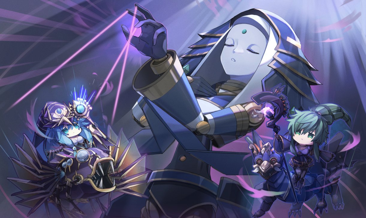 3girls, ariel_(yu-gi-oh!), blue_eyes, blue_hair, chibi, closed_eyes, doll_joints, duel_monster, el_shaddoll_apkallone, el_shaddoll_construct, el_shaddoll_winda, forehead_jewel, giant, giantess, green_eyes, green_hair, hand_on_own_chest, hat, holding, holding_staff, joints, multiple_girls, parted_lips, ponytail, puppet_strings, staff, veil, wide_sleeves, winda_(yu-gi-oh!), wizard_hat, yu-gi-oh!, yun_(yunjirou)