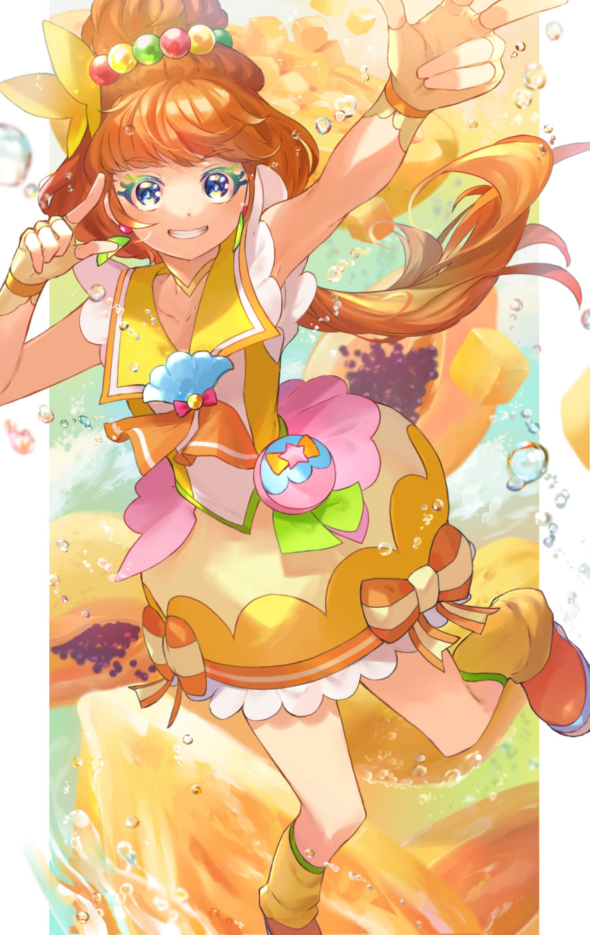 1girl, absurdres, blue_eyes, border, choker, colored_eyelashes, cure_papaya, earrings