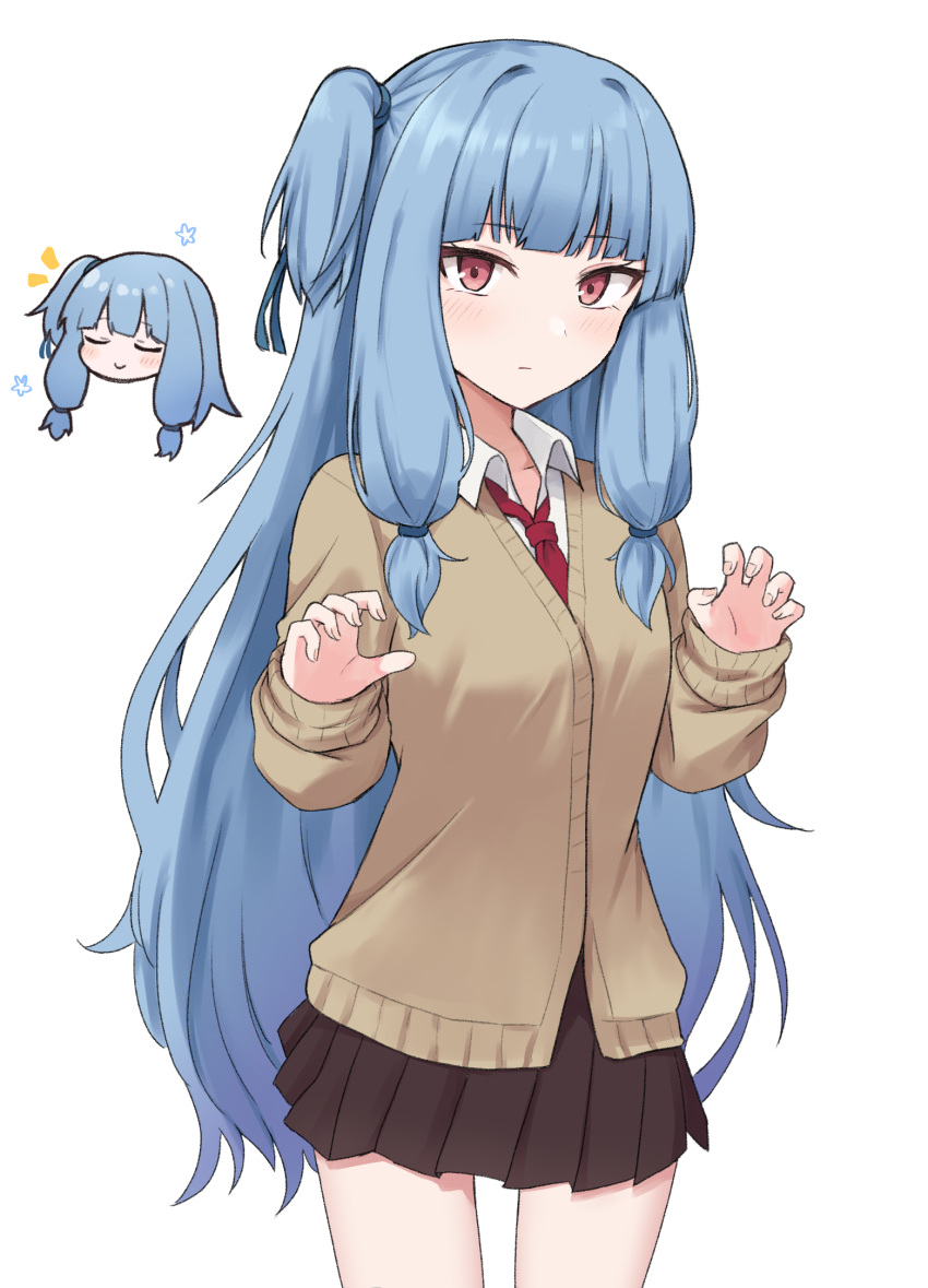 1girl, bangs, blue_hair, cardigan, closed_mouth, highres, kotonoha_aoi, long_hair, long_sleeves, necktie, pleated_skirt, red_eyes, school_uniform, shirt, simple_background, skirt, solo, standing, sweater, umedoufu, very_long_hair, voiceroid, white_background, white_shirt