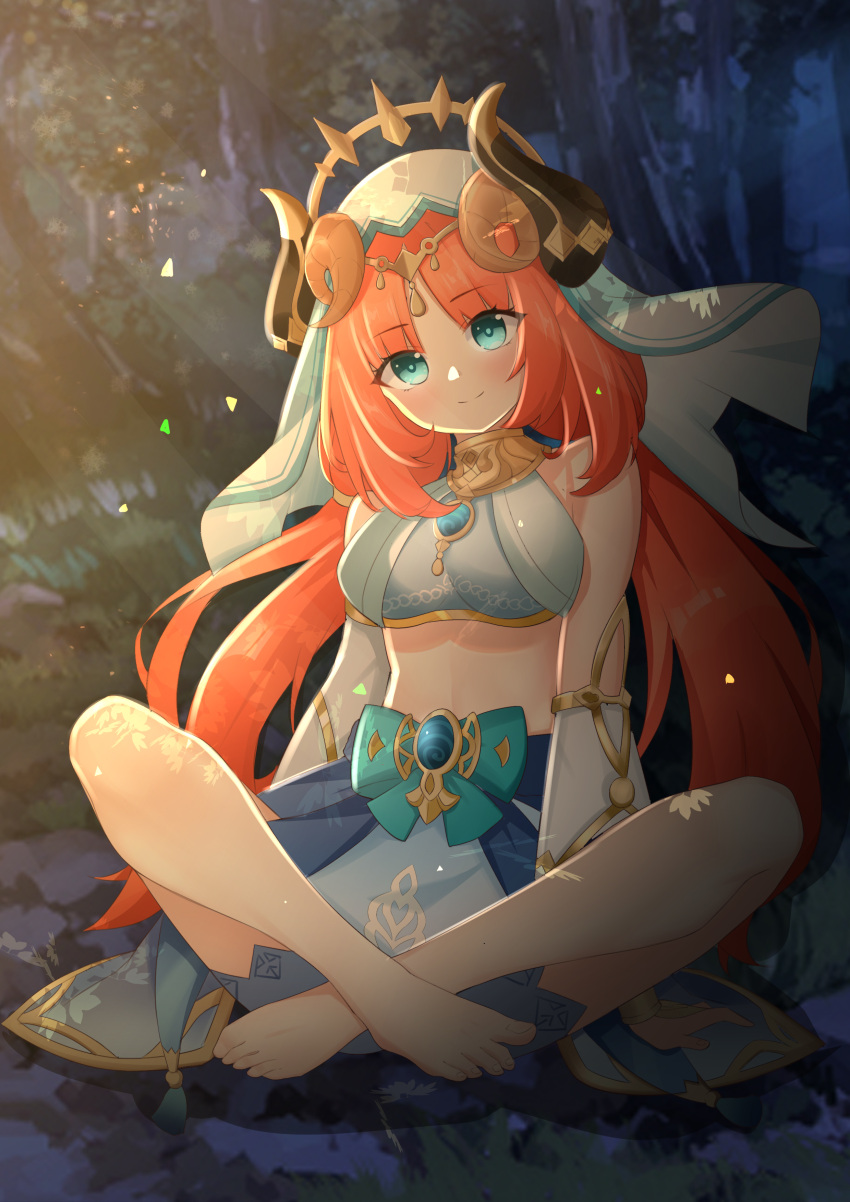 1girl, absurdres, arm_support, bangs, barefoot, blue_eyes, blunt_bangs, blurry