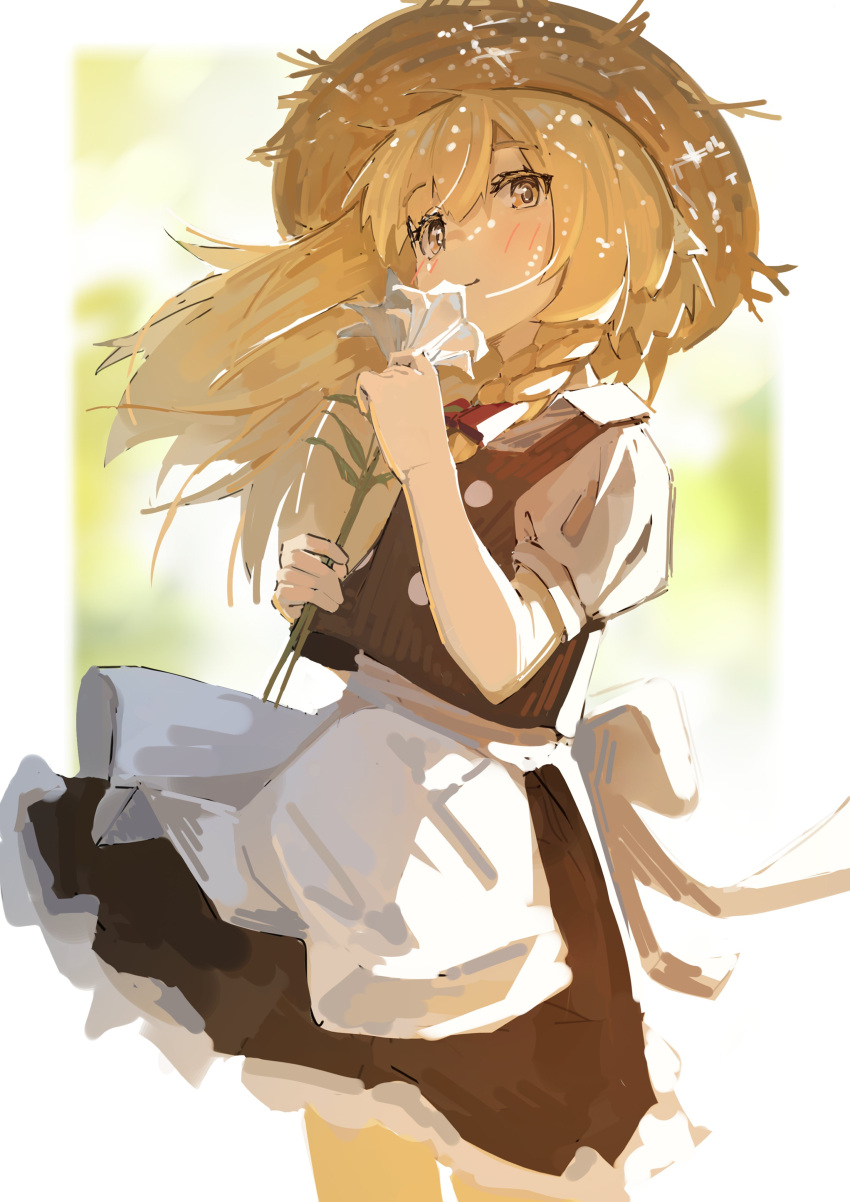 1girl, absurdres, apron, black_skirt, black_vest, blonde_hair, border, brown_headwear, closed_mouth, flower, hat, highres, holding, holding_flower, kirisame_marisa, long_hair, looking_at_viewer, ri-el, short_sleeves, skirt, solo, straw_hat, touhou, vest, waist_apron, white_apron, white_border, white_flower, yellow_eyes