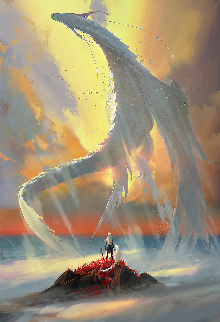 1girl, animal, bird, clouds, cloudy_sky, creature, dragon, english_commentary