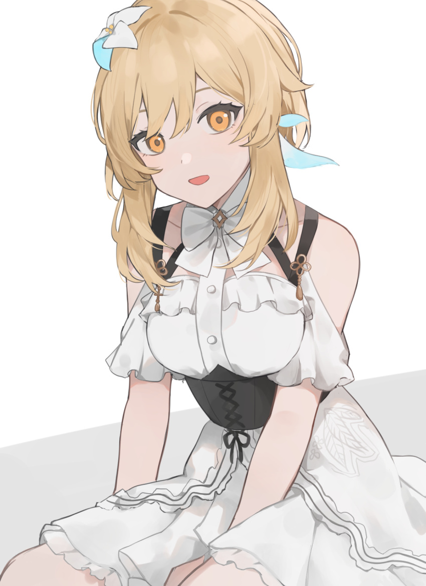 1girl, bare_shoulders, blonde_hair, corset, dress, flower, genshin_impact, hair_flower