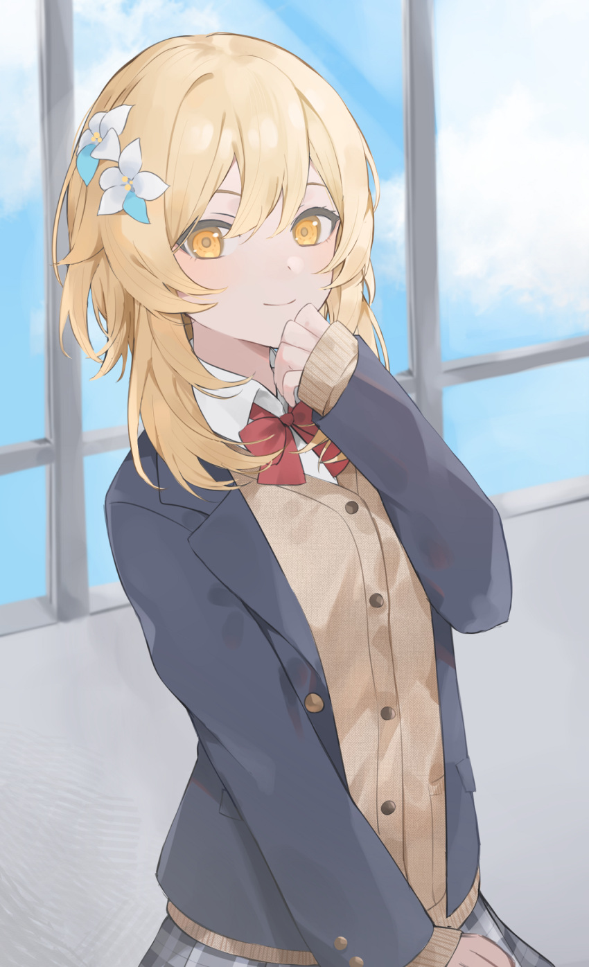 1girl, alternate_costume, bangs, black_jacket, black_skirt, blonde_hair, bow, bowtie