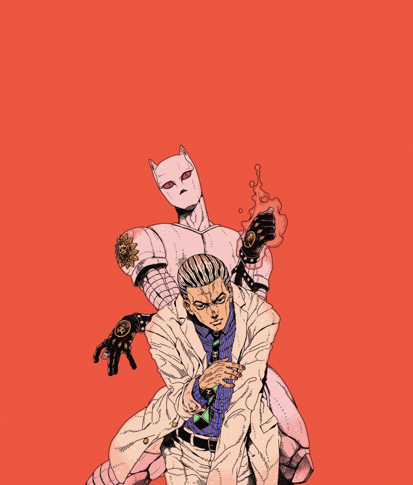 1boy, black_gloves, black_hair, collared_shirt, colored_sclera, formal, gloves, highres, jacket, jojo_no_kimyou_na_bouken, kawajiri_kosaku, killer_queen, kira_yoshikage, leaning_forward, multicolored_hair, necktie, purple_shirt, red_background, red_sclera, shirt, short_hair, simple_background, spiked_gloves, striped_necktie, suit, tamagosan1001, two-tone_hair, white_hair, white_jacket, white_shirt
