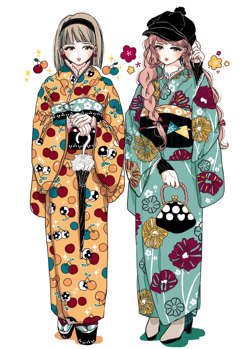 2girls, adjusting_hair, aqua_footwear, arm_warmers, bag, bangs, black_bag, black_footwear