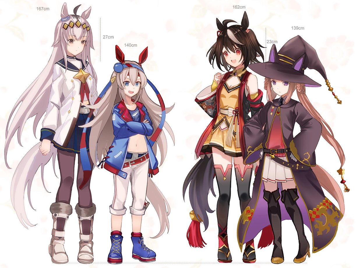 4girls, animal_ears, belt, black_hair, boots, brown_hair, commentary_request, full_body, grey_hair, hat, height_difference, horse_ears, horse_girl, horse_tail, kitasan_black_(crowning_ooban)_(umamusume), kitasan_black_(umamusume), long_hair, midriff, multiple_girls, oguri_cap_(starlight_beat)_(umamusume), oguri_cap_(umamusume), pants, shibaebi_(yasaip_game), shoes, standing, sweep_tosho_(platanus_witch)_(umamusume), sweep_tosho_(umamusume), tail, tamamo_cross_(umamusume), tamamo_cross_(with_lightning_speed)_(umamusume), thigh-highs, umamusume, white_background, witch_hat