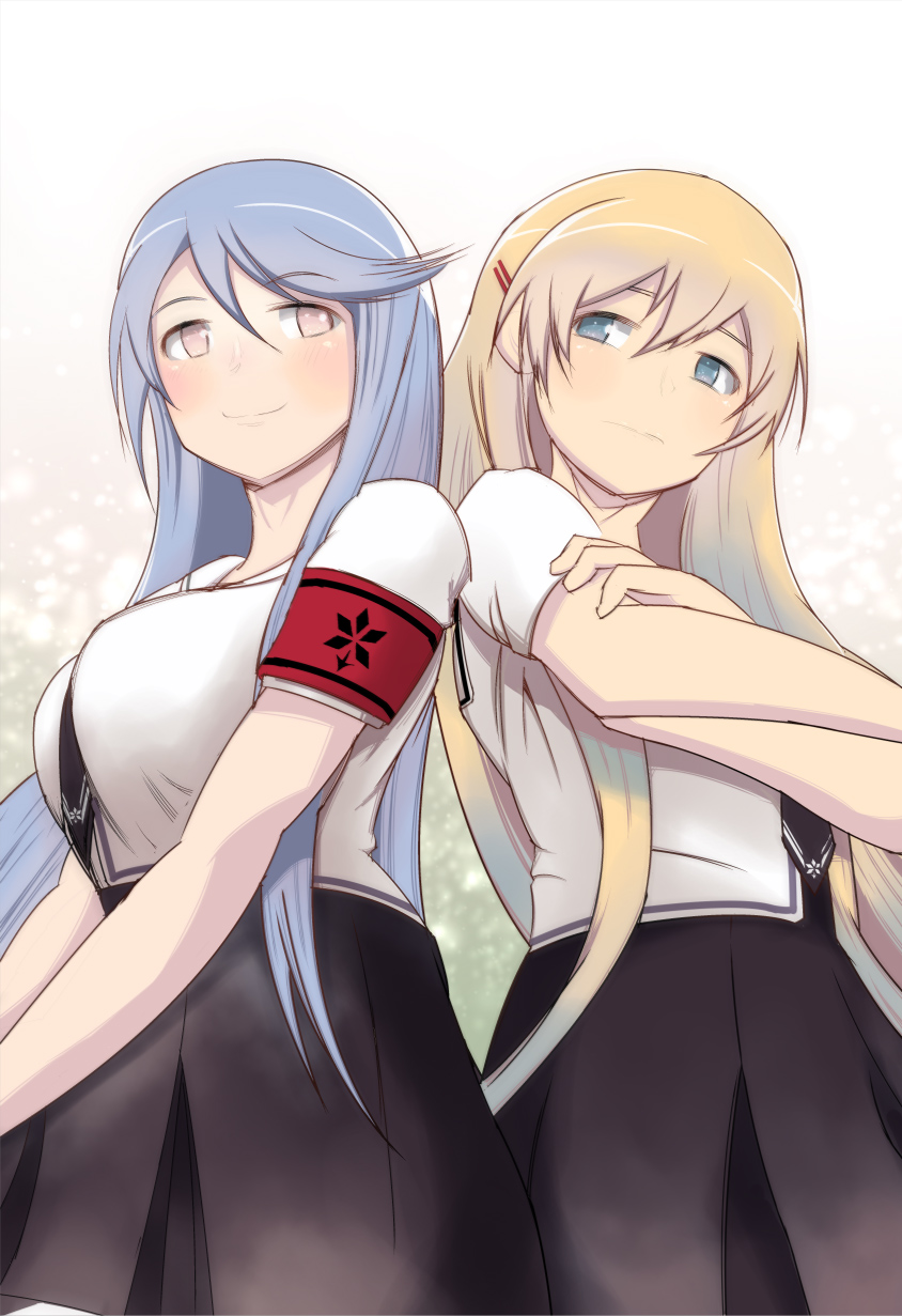 2girls, amasuzume, armband, bangs, black_skirt, blonde_hair, blue_eyes, blue_hair