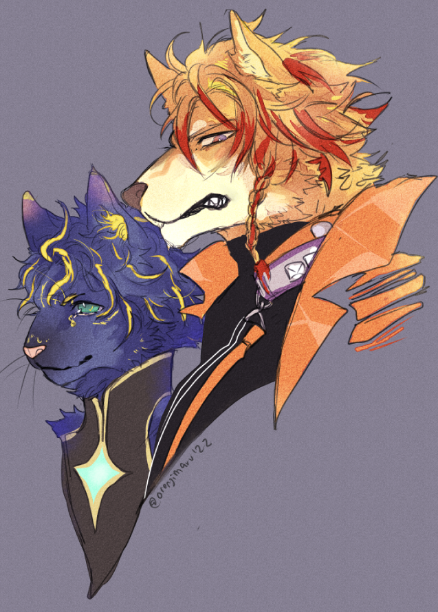 2boys, astel_leda, axel_syrios, black_shirt, blonde_hair, blue_hair, braid, bright_pupils, cat_boy, clenched_teeth, collar, commentary, cropped_shoulders, dog_boy, english_commentary, furrification, furry, furry_male, green_eyes, hair_between_eyes, holostars, holostars_english, lapels, looking_at_viewer, male_focus, multicolored_hair, multiple_boys, notched_lapels, orange_hair, orenjimaru, portrait, purple_background, redhead, shirt, short_hair, side_braid, sideways_glance, smile, streaked_hair, teeth, turtleneck, violet_eyes, virtual_youtuber, white_pupils