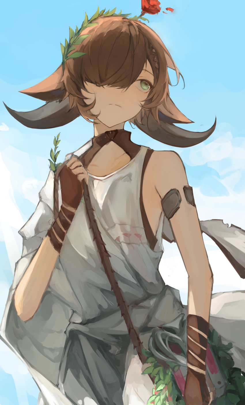 1girl, animal_ears, arknights, bag, black_gloves, blue_sky, brown_hair, closed_mouth