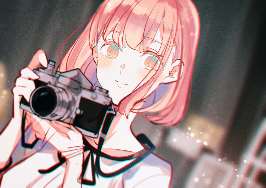 1girl, bangs, black_ribbon, blurry, blurry_background, blush, bob_cut, camera