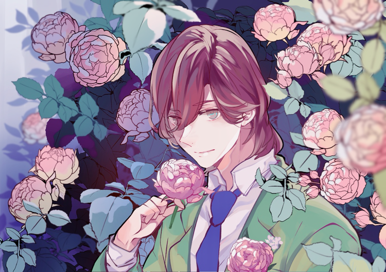 1boy, blue_necktie, brown_hair, collared_shirt, flower, green_jacket, grey_eyes, hair_between_eyes