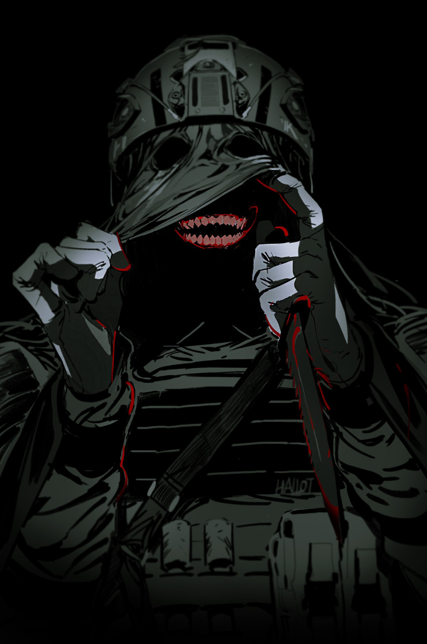 1boy, absurdres, artist_name, black_background, call_of_duty, facing_viewer, gloves, grey_gloves, hallot, helmet, highres, holding, holding_knife, knife, konig_(call_of_duty), mask, open_mouth, sharp_teeth, simple_background, solo, teeth, upper_body, weapon