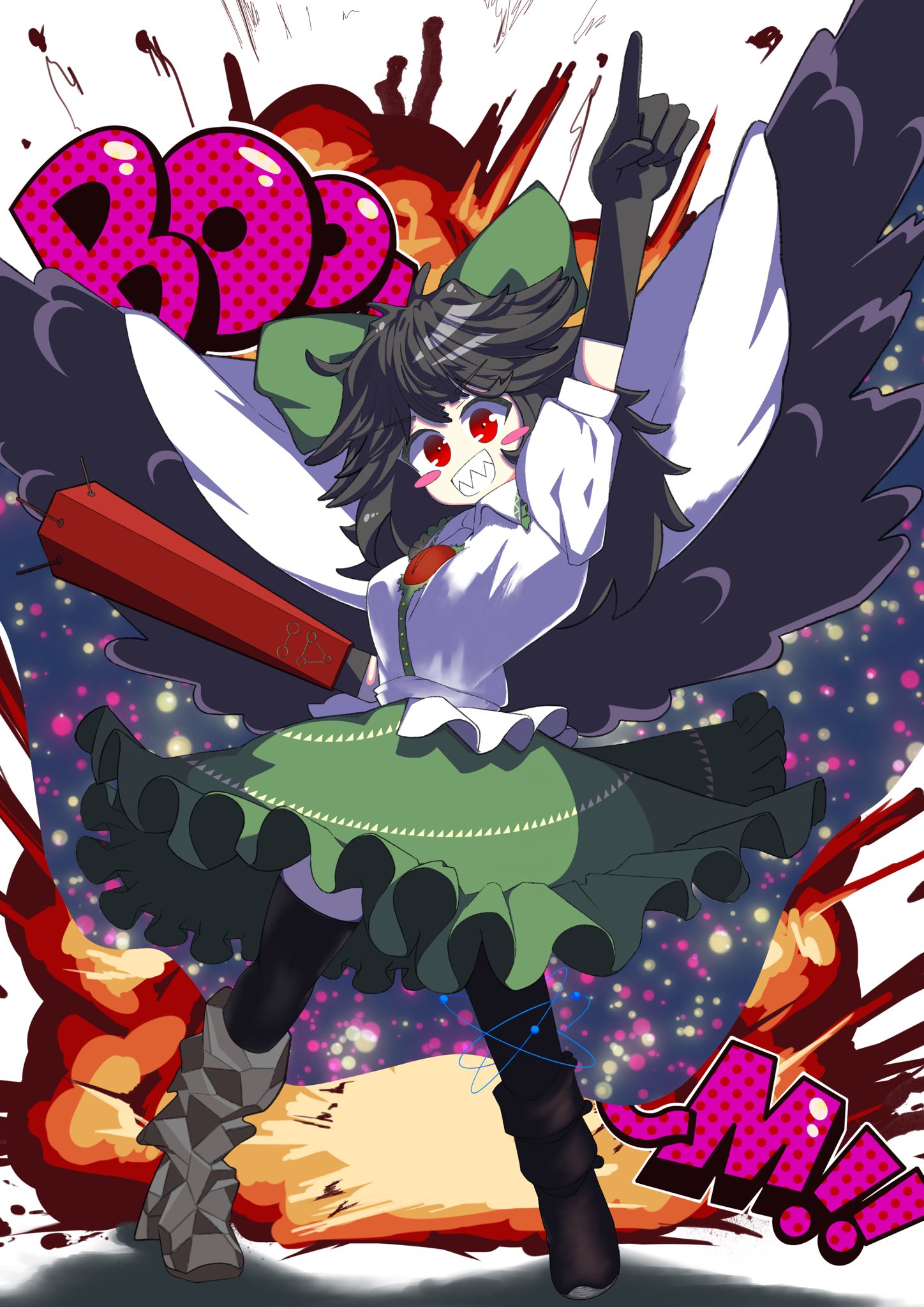 1girl, arm_cannon, asymmetrical_footwear, atom, bird_wings, black_hair, black_wings, bow