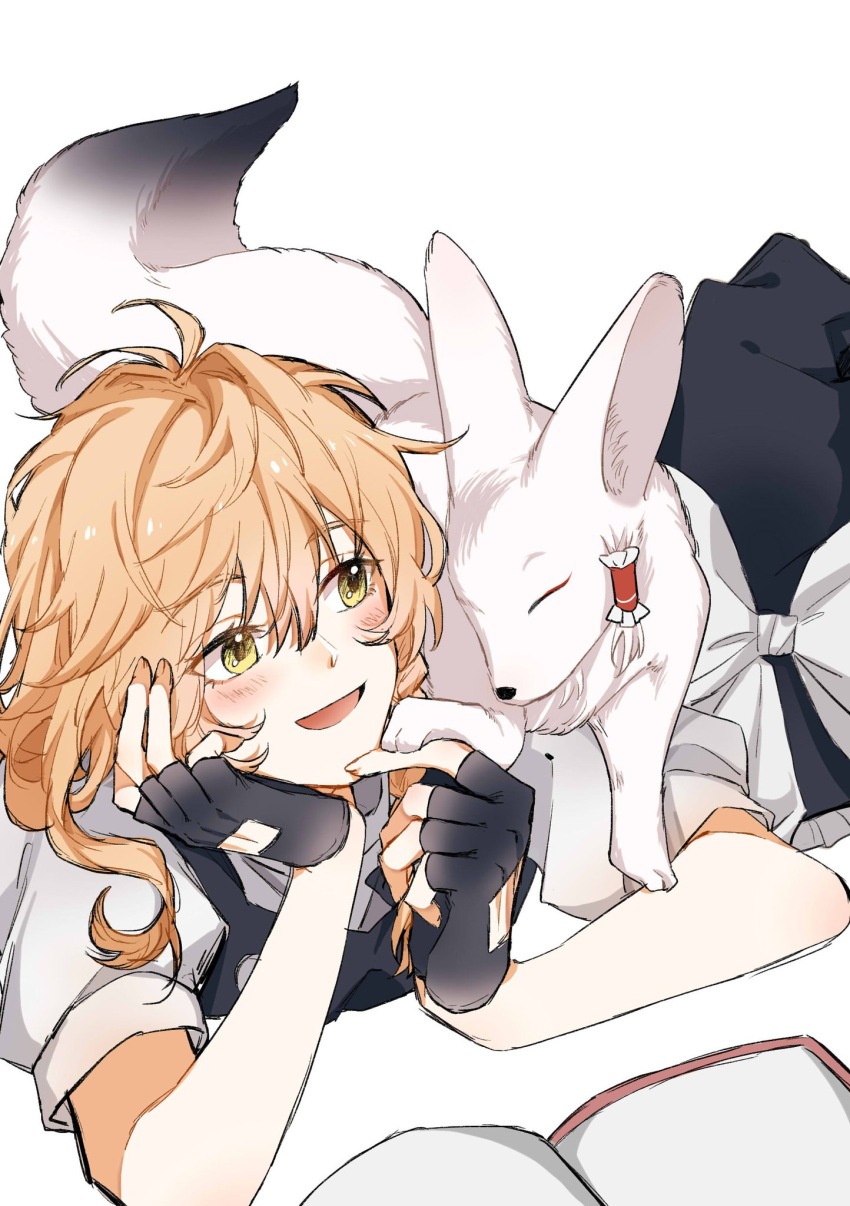 1girl, animalization, antenna_hair, bangs, black_headwear, black_vest, blonde_hair, blush