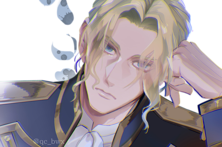 1boy, abel_bluefield, akehata_hikari, blonde_hair, blue_eyes, gold_trim, hand_up, kaizoku_oujo, male_focus, medium_hair, portrait, simple_background, solo, uniform, white_background