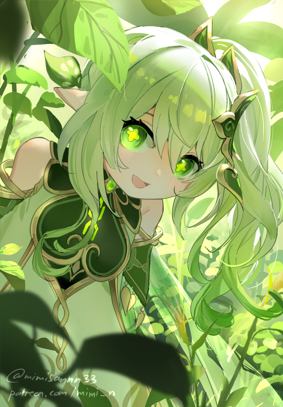 1girl, armlet, artist_name, bare_shoulders, english_text, genshin_impact, green_eyes, green_hair
