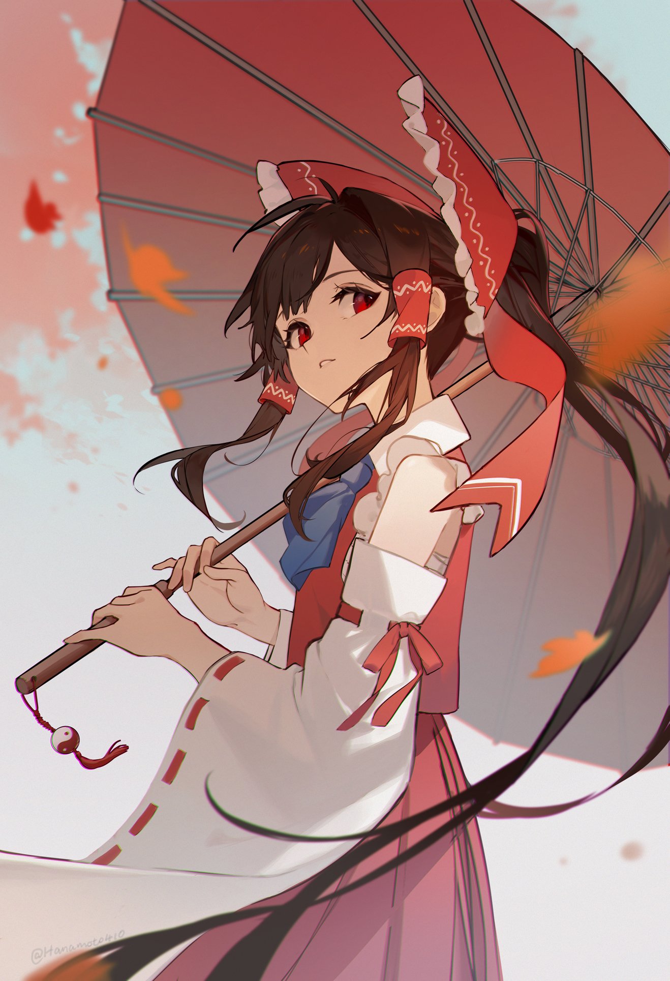 1girl, ascot, autumn_leaves, bangs, blue_ascot, bow, brown_hair, commentary_request